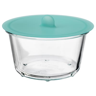 IKEA 365+ glass container with turquoise vacuum lid, round & transparent.