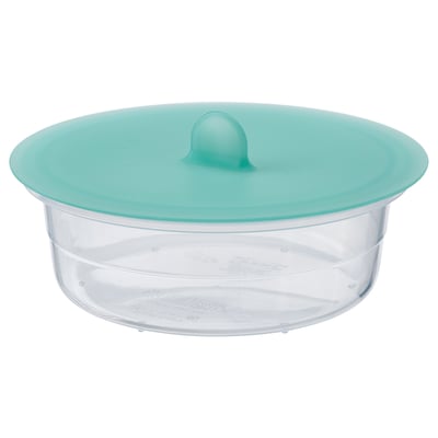 IKEA 365+ round clear plastic container with green silicone vacuum lid.