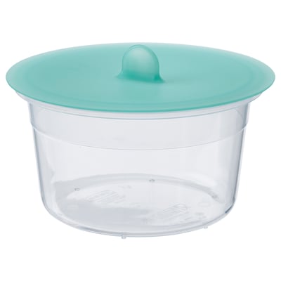 IKEA 365+ round, clear food container with aqua lid, silicone top, microwave-safe, transparent body.