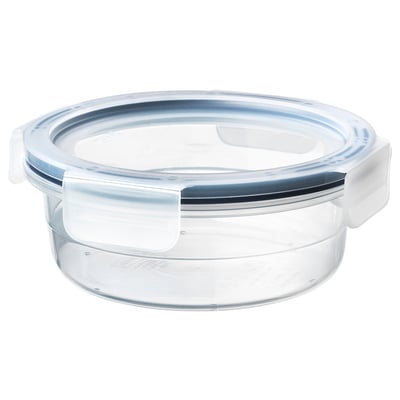 IKEA 365+ clear round plastic food container with snap-lock lid for storing and transporting food.