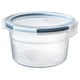 Option: IKEA clear plastic food container with snap-lock lid for storing and transporting food, fridge and freezer safe, made of durable polypropylene.