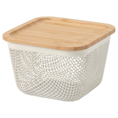 IKEA 365+ white mesh storage basket with bamboo lid. Square shape, air-circulating design.