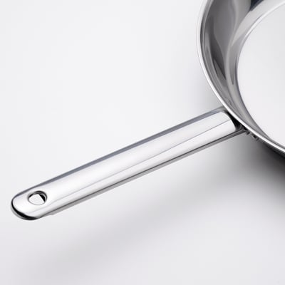 IKEA 365+ stainless steel pan. Round shape, long handle, mirror finish, durable design.