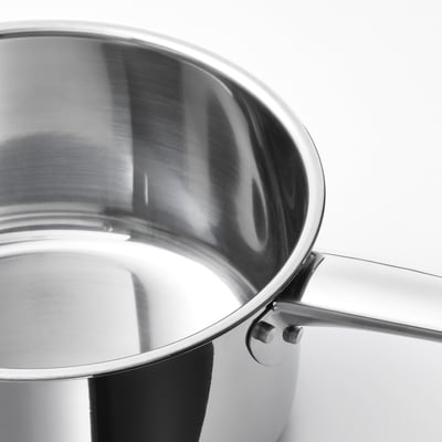 IKEA 365+ silver saucepan with lid, stainless steel, round, simple design, suitable for all hobs.