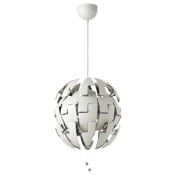 Modern hanging lamp: IKEA PS 2014, white chrome, spherical shape, geometric design, pulls adjust light.