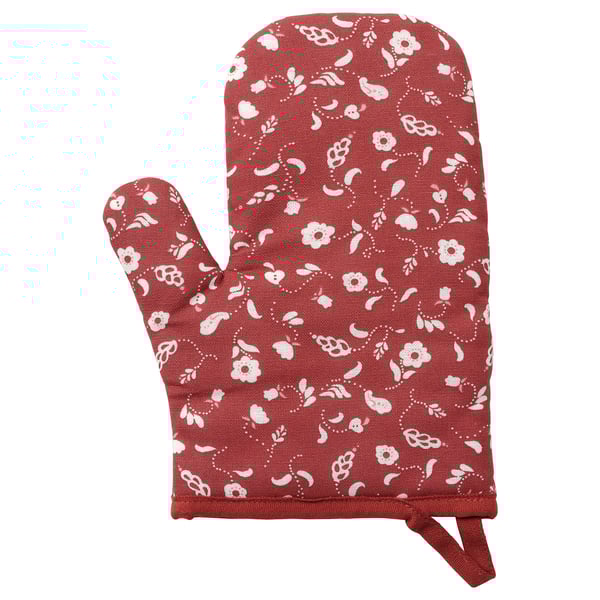 A red floral-patterned oven mitt with a loop for hanging, designed for both hands.