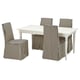 Dining set with white square table and striped chairs. Modern, elegant, black and white stripes on fabric. Stylish and practical.