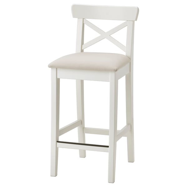 A white INGOLF bar stool with a cushioned seat and backrest. It a cross-brace design and sturdy wood construction.