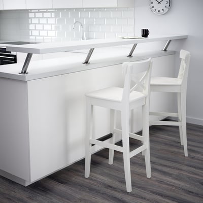 Two white bar stools with footrests at a modern kitchen island with white countertop and backsplash.