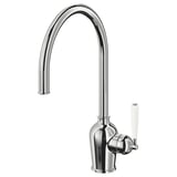 A chrome INSJÖN faucet with a curved spout and a white handle, designed for efficient water use.