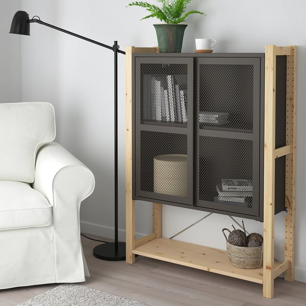 IVAR Cabinet with doors - pine, grey mesh - IKEA Ireland