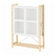 The IVAR storage unit is a light-colored wooden structure with mesh doors. It an open lower shelf and sturdy wooden frame.