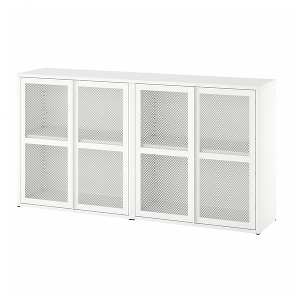 A white IVAR metal cabinet with mesh doors, suitable for various rooms.
