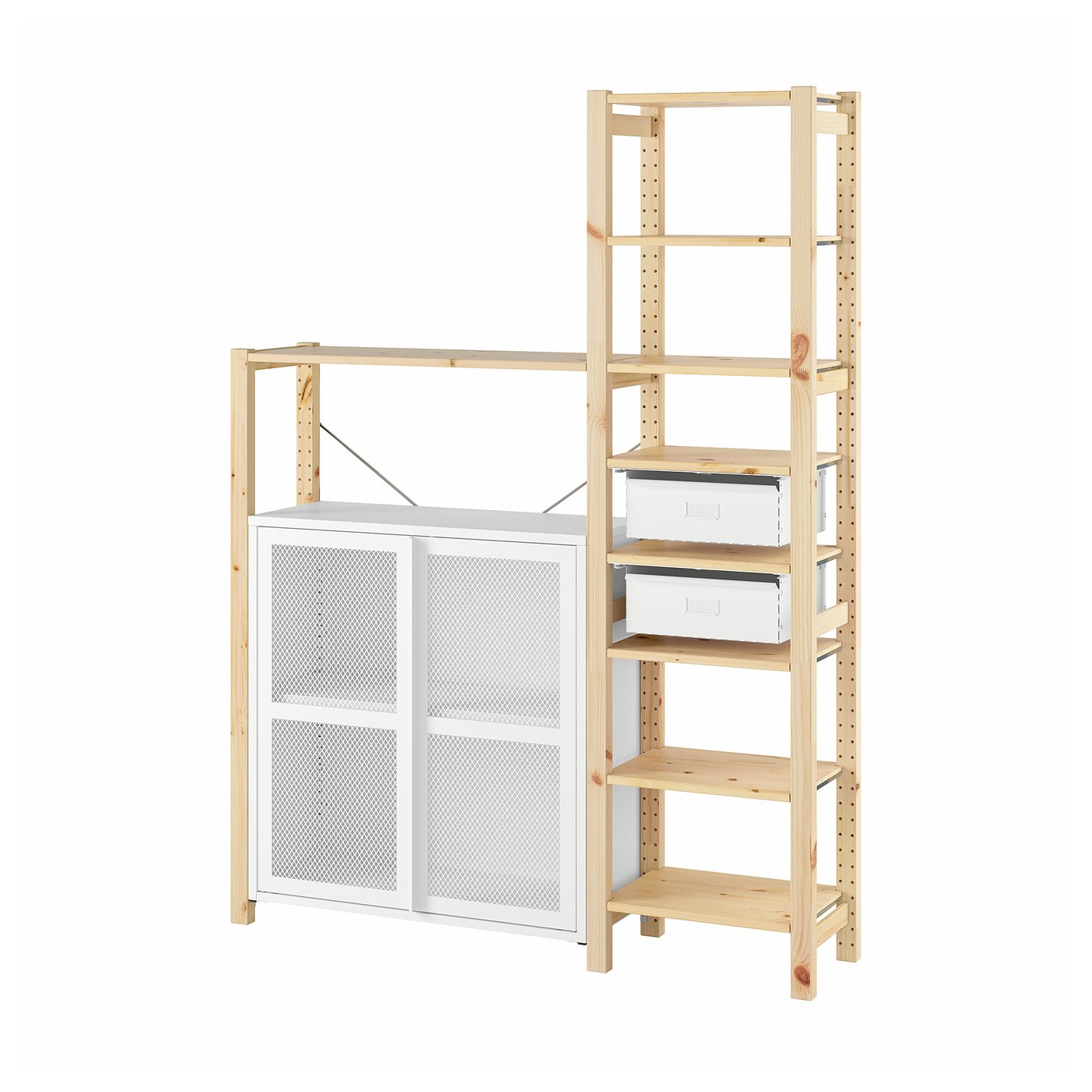 IVAR Shelving unit w pine/white mesh, 134x30x179 cm