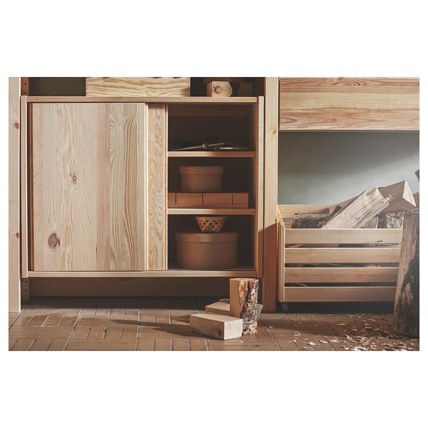 IVAR wooden storage unit, light brown, open shelves with baskets and doors, sturdy pine.