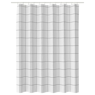 JÄMTSTARR shower curtain, white with dark grey lines, recycled polyester.