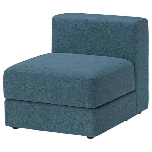 A blue modular sofa chair named JÄTTEBO. It a cube-like design with high-resilience foam for comfort and includes storage beneath the seat.