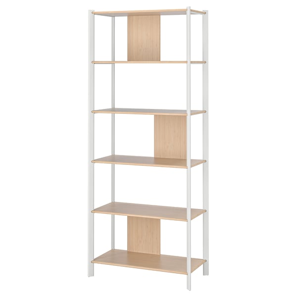 A modern JÄTTESTA bookshelf in white with wooden shelves. Its design rounded edges and metal legs for a sleek look.