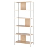 A modern JÄTTESTA bookshelf in white with wooden shelves. Its design rounded edges and metal legs for a sleek look.