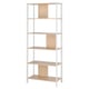 A modern JÄTTESTA bookshelf in white with wooden shelves. Its design rounded edges and metal legs for a sleek look.