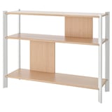 This image shows a JÄTTESTA bookshelf with three light wooden shelves and metallic silver legs, displaying a modern design.