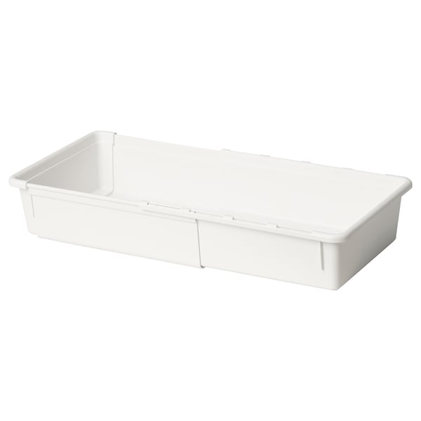 A KACKLA white extendable plastic storage box. The box is rectangular, simple in design, and made of pp plastic. It can be adjusted from 25-38 cm.