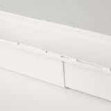 White extendable storage boxes, clean design, matched sizes, organized shelves.
