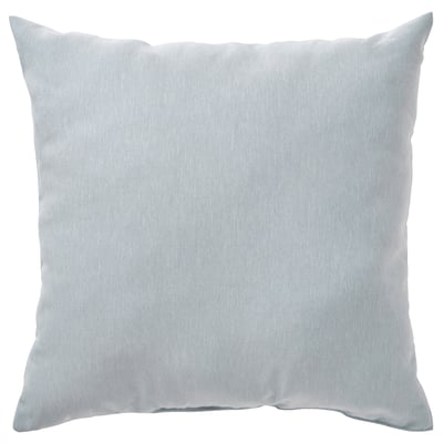 The KÄRLEKSGRÄS pillow is light blue with a melange texture. Its square-shaped and made from recycled polyester, giving it a soft and supportive feel.