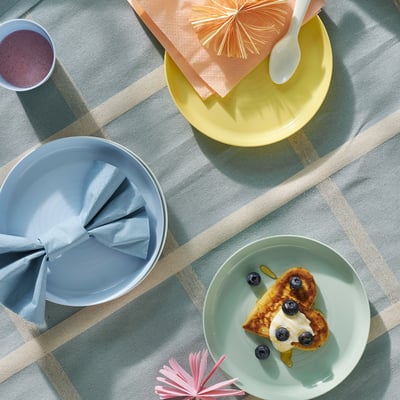 KALAS toddler plates & bowls: yellow, blue, green. Stackable & colorful pp plastic