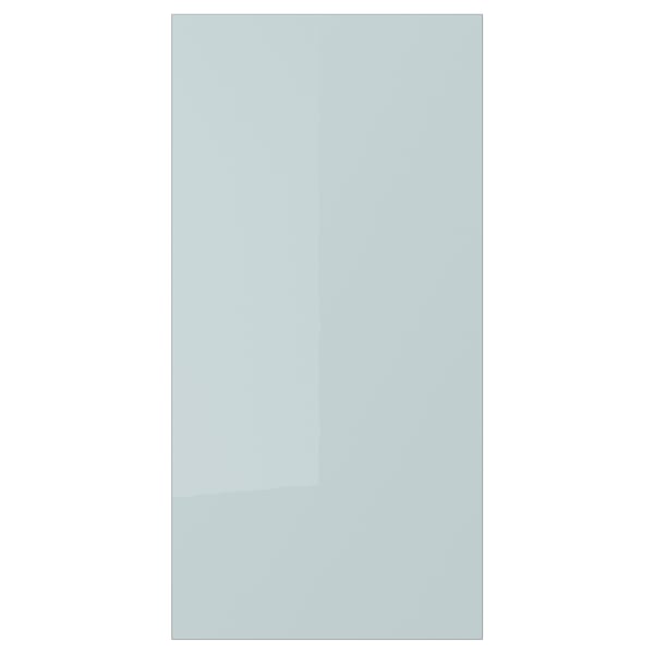 KALLARP high-gloss grey-blue kitchen cabinet door, sleek and modern, recycled plastic, straight edges.