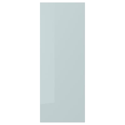 KALLARP high-gloss grey-blue kitchen cabinet door with sleek modern lines and recycled plastic material.