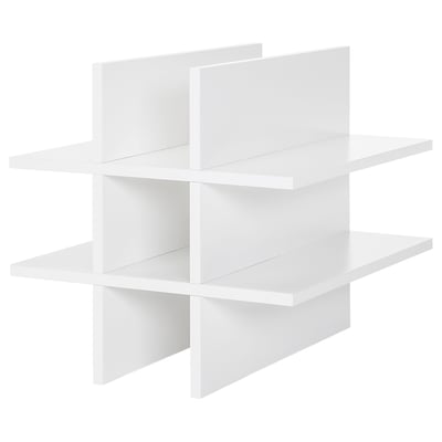 A white KALLAX shelving unit, featuring an open cube design with metal shelves.