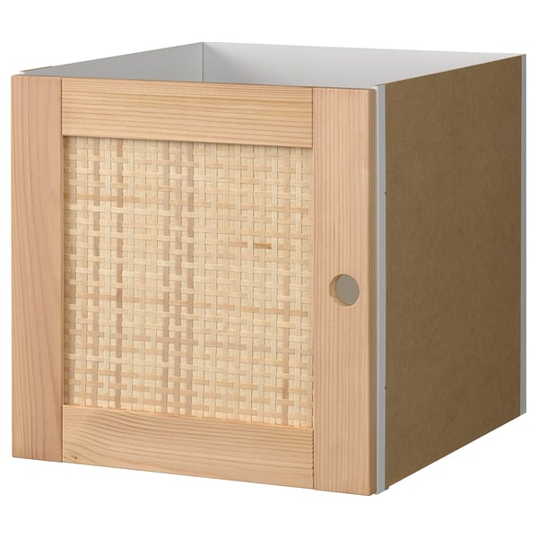 KALLAX storage cube with woven door, natural wood, square shape.
