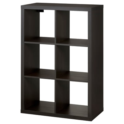 A KALLAX black cube shelving unit made from particleboard and acrylic paint, featuring a modern design with open compartments in a square shape.