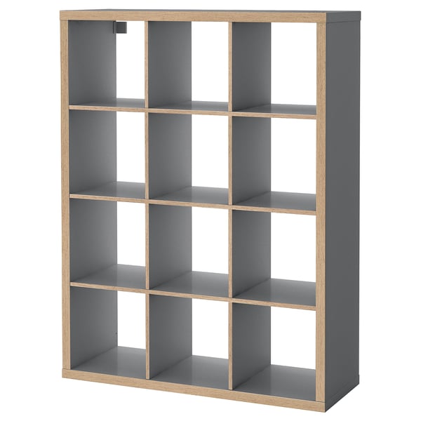 KALLAX gray cube storage unit, modern mineral effect, wooden edges, 3x3 grid design.