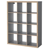 KALLAX gray cube storage unit, modern mineral effect, wooden edges, 3x3 grid design.
