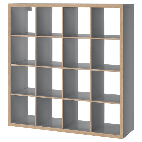 KALLAX grey shelves, open storage cubes, fiberboard/particleboard, functional & versatile