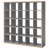 KALLAX: gray cube shelves, wooden frame, multi-compartment, versatile storage.