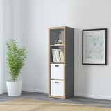 KALLAX shelf in dark gray with light wood trim, holding storage boxes, books, and a plant.