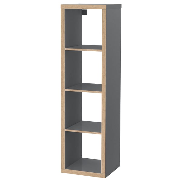 KALLAX unit, dark grey, sturdy rectangular shelves, minimalist design.
