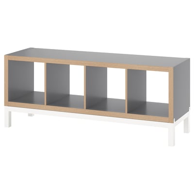 KALLAX grey shelf, modern, rectangular, light wood trim, open storage.