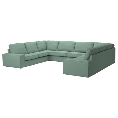 KIVIK teal corner sofa, modern design, plush beige cushions, durable cotton-polyester cover.