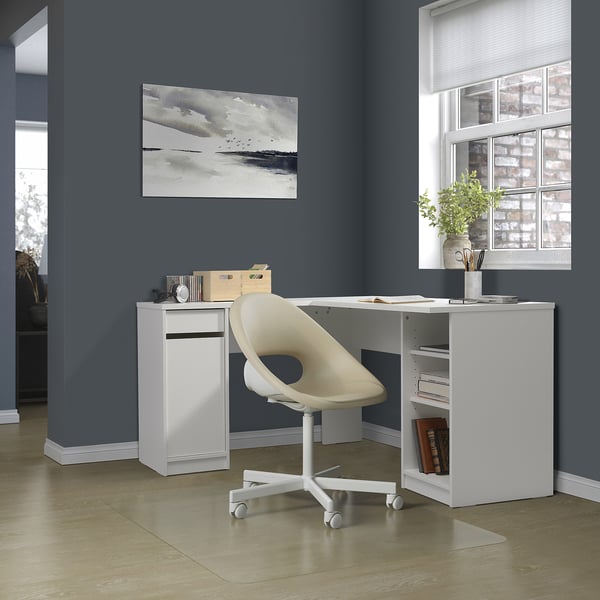 White l-shaped desk with shelves & cable outlet. Modern minimal design for small spaces. Unique light chair