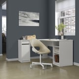 White l-shaped desk with shelves & cable outlet. Modern minimal design for small spaces. Unique light chair