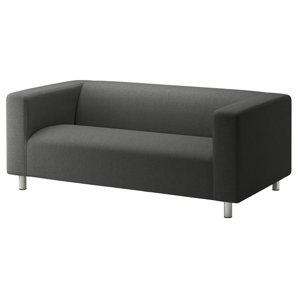 KLIPPAN sofa, dark grey. Modern, boxy design with clean lines, raised edges, and sturdy metallic legs for support. Timeless, comfortable.