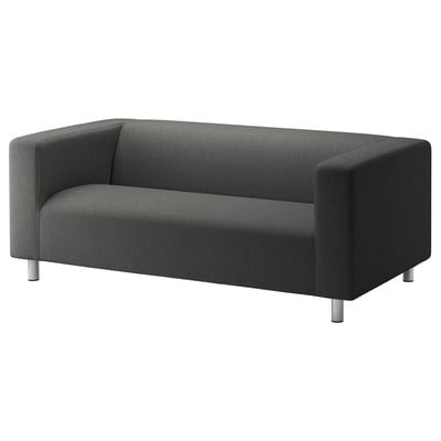 KLIPPAN sofa, dark grey. Modern, boxy design with clean lines, raised edges, and sturdy metallic legs for support. Timeless, comfortable.