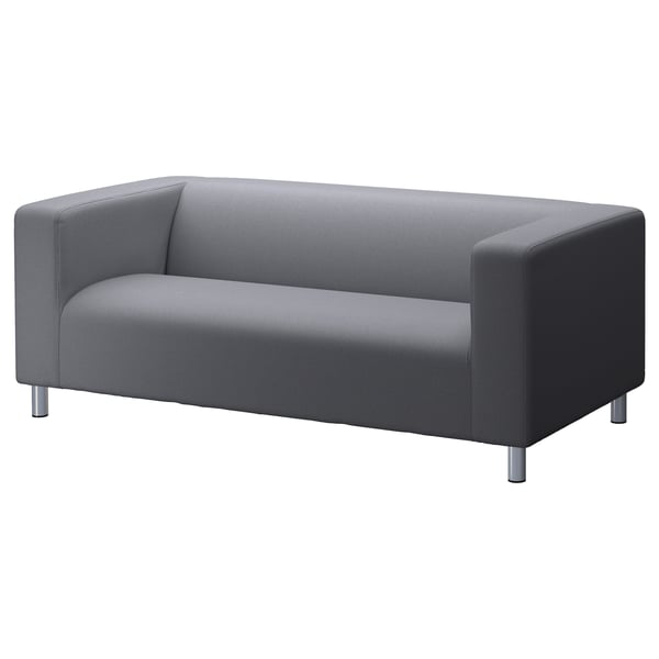Gray KLIPPAN sofa, two-tone fabric, sleek modern design, sturdy metal legs.