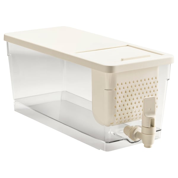 KLIPPKAKTUS white chilled beverage container with tap, made of plastic, for refrigerator use.