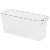 Clear plastic storage box with lid, rectangular shape, built-in handle, and transparent body for organizing fridge contents.