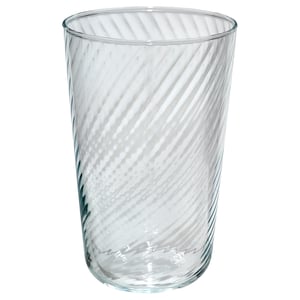 KLIPPLAX glass: clear, tall, thin, with rippled texture. Ideal for beverages.